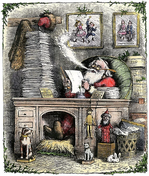 Santa Claus opening a stack of letters, 1880s
