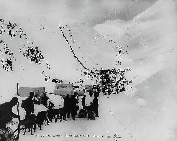 Scales and summit of Chilkoot Pass, from One Man's Gold Rush: A Klondike Album by Murray Cromwell Morgan, 1898 (b / w photo)