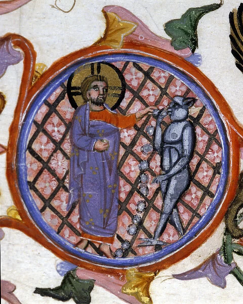 Scene of exorcism. 14th century miniature. biblioteca Nazionale Braidense. Milan