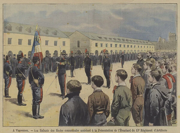Schoolchildren attending the presentation of the flag of the 13th Artillery Regiment at Vincennes, France (colour litho)