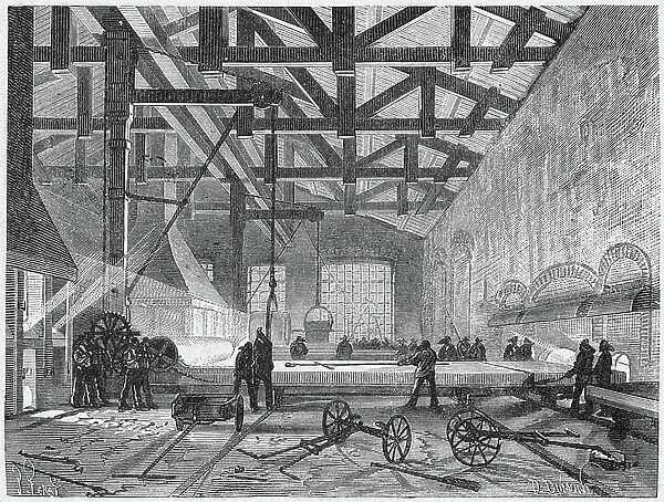 Science. Glassmaking. Glassworks in the XIXth cent. Engraving in: Grands hommes et grands faits de l'industrie, France, c.1880 (engraving)
