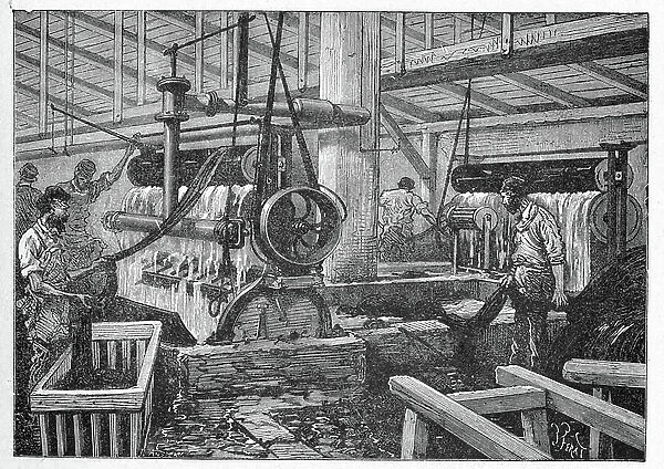 Science. Textile manufacturing: artificial river (washing machine). Engraving in: Grands hommes et grands faits de l'industrie, France, c.1880 (engraving)