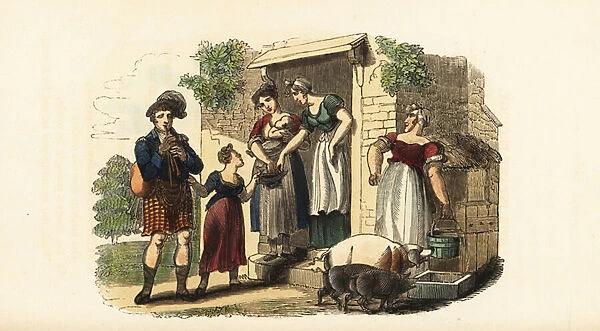 Scottish bagpiper playing music for maids outside a farm. 1831 (engraving)