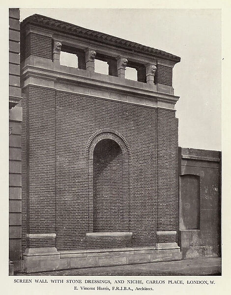 Screen wall with stone dressings, and niche, Carlos Place, London, W (b / w photo)