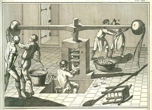 A screw press in operation, from the Encyclopedie by Denis Diderot and Jean le Rond d