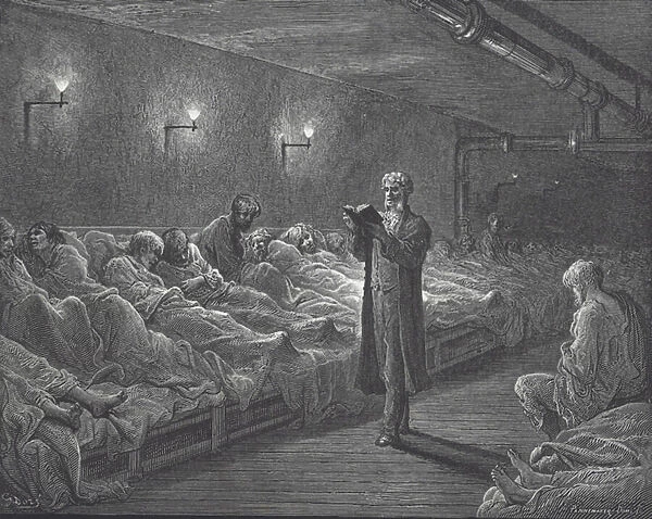 Scripture reading in night refuge for homeless people, engraving by Gustave Dore (1832-83), c. 1872 (engraving)