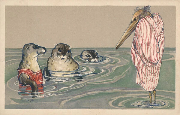 Three seals watching a pelican which is draped in a towel (colour litho)