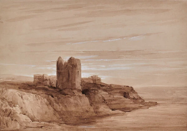 Seascape of a tower on a cliff, 1810-65 (Watercolour)