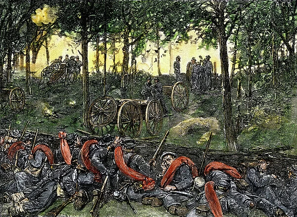 Secession War (1861-1865), Battle of Gettysburg: Infantry of Confederates awaiting battle at Devil's Den. Colouring engraving of the 19th century