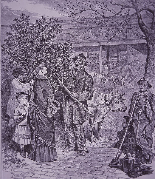 Selling Christmas trees in Richmond, Virginia, 1875 (engraving)