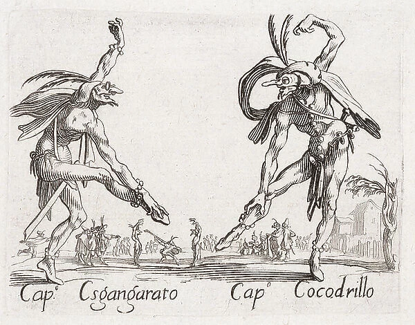Serie ' Balli di sfessania' (also known as Curucucu or ' Les Dances', ' Les Pants', ' Les Polichinelles' or ' Dance of Defesses'): Capitano Csgangarato and Capitano Cocodrillo. Characters of the commedia dell'arte