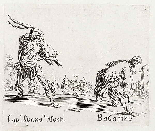 Serie ' Balli di sfessania' (also known as Curucucu or ' Les Dances', ' Les Pants', ' Les Polichinelles' or ' Dance of Defesses'): Capitano Spessa Monti and Bagattino. Characters of the commedia dell'arte