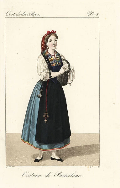 Servant woman of Barcelona, Catalonia, Spain, 19th century. She wears a redezilla, a headdress of silk net, a check fichu, chemise, petticoat and black apron