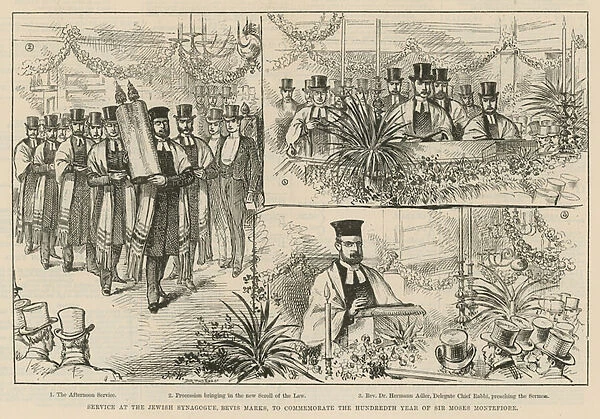 Service at the Jewish Synagogue, Bevis Marks, to commemorate the hundredth year of Sir Moses Montefiore (engraving)