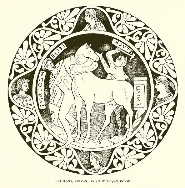Sethlans, Vulcan, and the Trojan Horse (engraving)