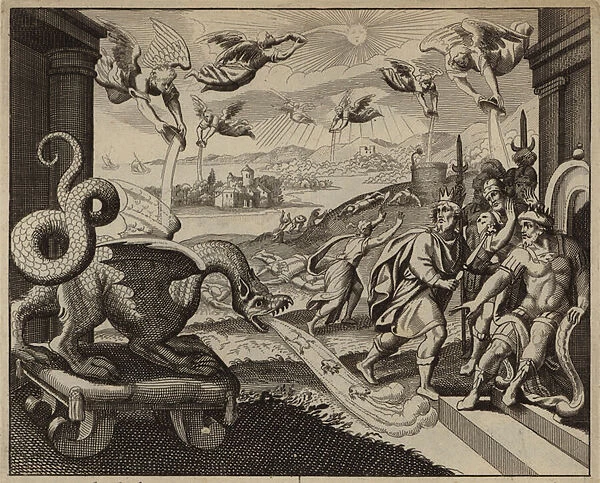 Seven angels emptying seven bowls filled with Gods wrath (engraving)