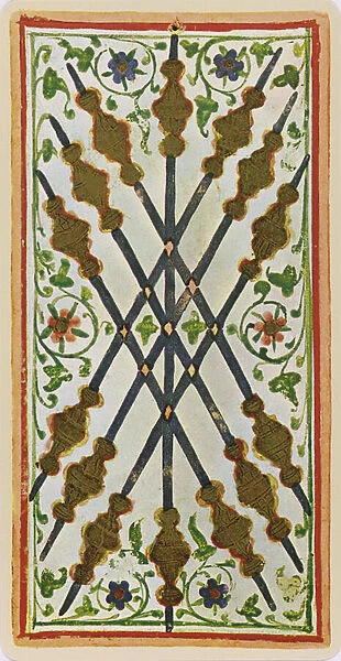The Seven of Wands, facsimile of a tarot card from the Visconti deck