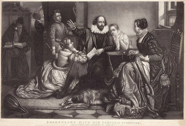 Shakespeare with his family at Stratford on Avon, reciting the tragedy of Hamlet (engraving)