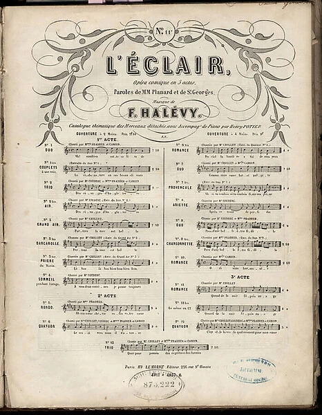 Sheet music for 'L eclair'comic opera by Jacques-Fromental