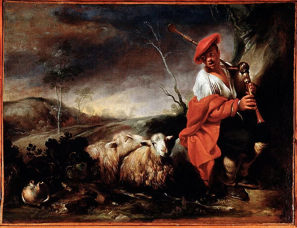 Shepherd playing bagpipes with his sheep Painting by Giovanni Francesco Castiglione