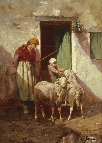 Shepherdess with a Child and Two Sheep (oil on canvas)