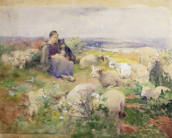 A Shepherdess with her Flock, (pencil and watercolour heightened with white)