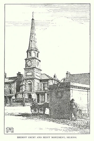 Sheriff Court and Scott Monument, Selkirk (litho)