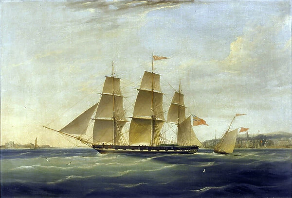 The ship 'Matilda', for transporting passengers and goods, and the cutter 'Zephyr', sailing on the Thames (England), with Fort Tilbury on the left