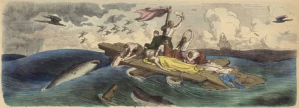 Shipwreck survivors adrift on a raft in the South Seas (coloured engraving)