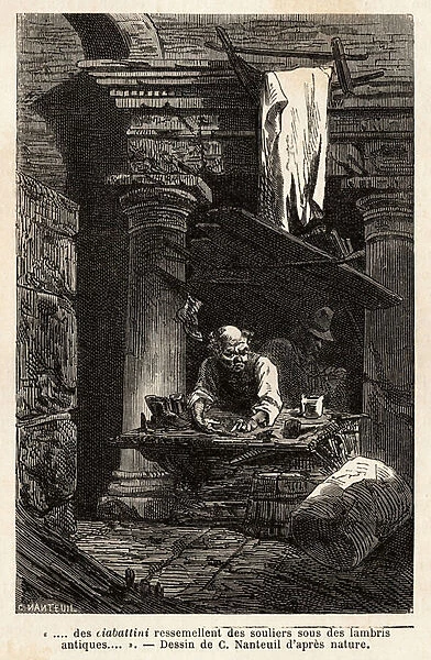 A shoemaker, who set up his shop and works in ancient ruins
