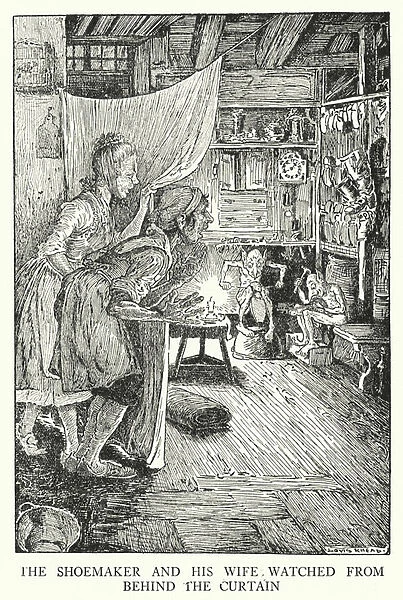 The shoemaker and his wife watched from behind the curtain (litho)