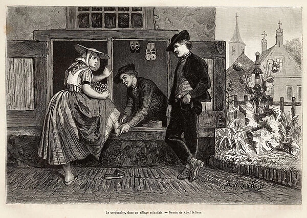 A shoemaker in a Zelandan village, makes a young woman try a shoe accompanied by a young