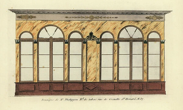Shopfront of Monsieur Phelippon's tobacco store, 57 rue de Grenelle St. Honore, Paris, circa 1800. Handcoloured lithograph from Hector-Martin Lefuel's '' Boutiques Parisiennes du Premier Empire,'' (Parisian Stores of the First Empire)