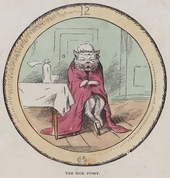 A sick cat (coloured engraving)