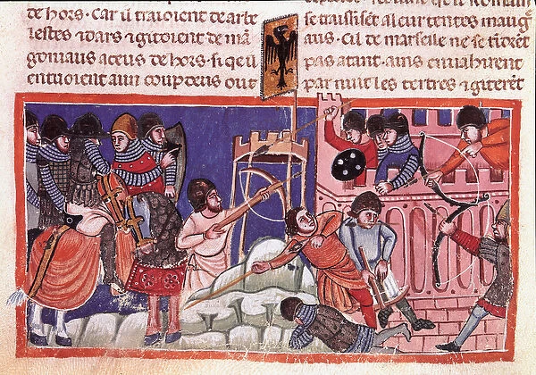 Siege of a fortified city. Miniature from a codex on the facts of Jules Cesar