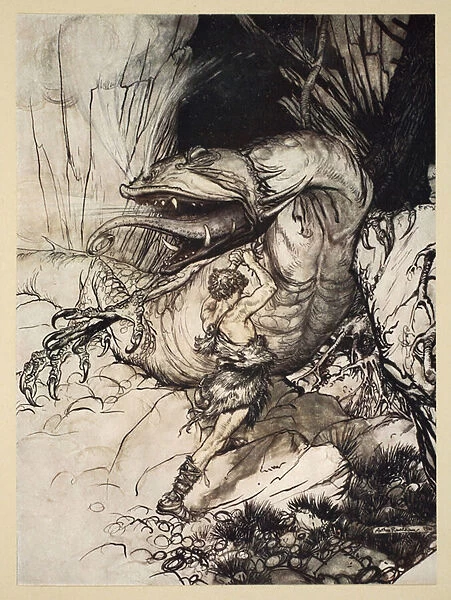 Siegfried kills Fafner, illustration from Siegfried and the Twilight of the Gods, 1924 (colour litho)