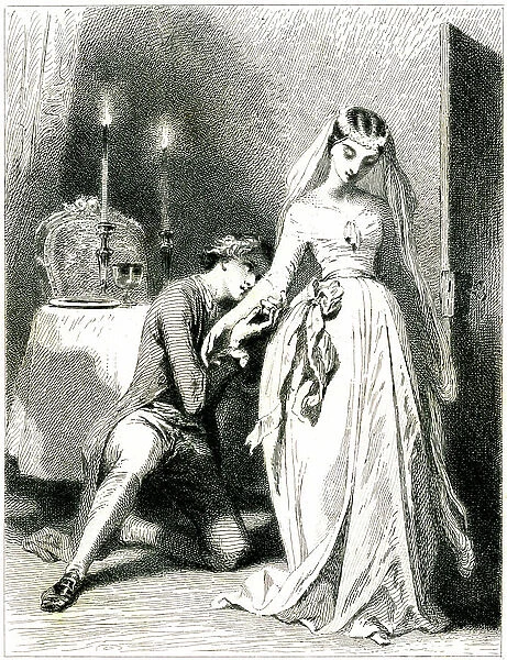 Sighing lover knees at the feet of his beautiful engagement in a candle-light interior - girl in romantic dress and hairstyle - engraving (etching 1845) by Tony Johannot (Antoine Johannot dit, 1803-1853)