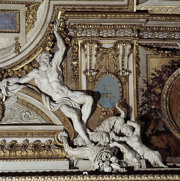 The sign of the capricorn. Sculpture after a drawing by Charles Lebrun (Le Brun) (1619-1690). Ceiling of the Galerie d'Apollon at the Musee du Louvre in Paris