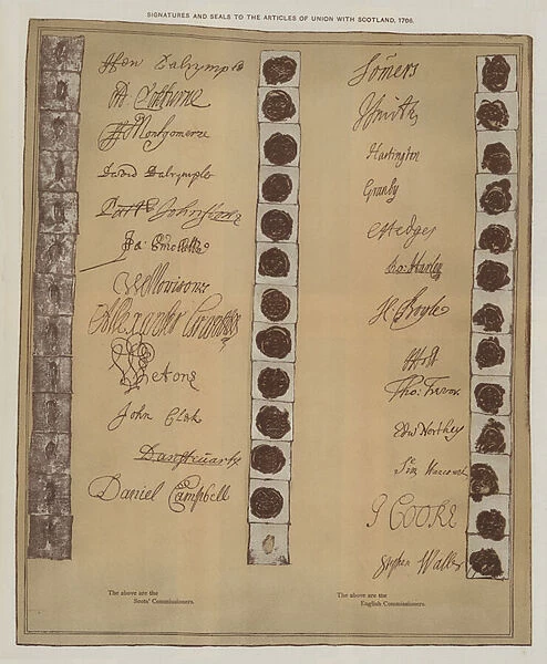 Signatures and seals to the articles of union with Scotland, 1706 (colour litho)