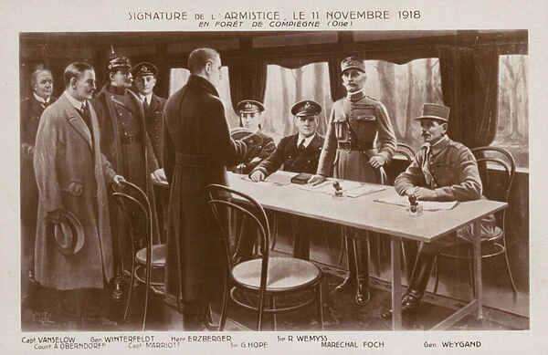 Signing of the Armistice to end the First World War, Forest of Compiegne, France, 11 November 1918 (litho)