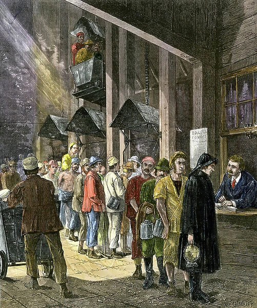 Silver mine in Nevada: miners change work teams, 1870s. Colourful engraving of the 19th century