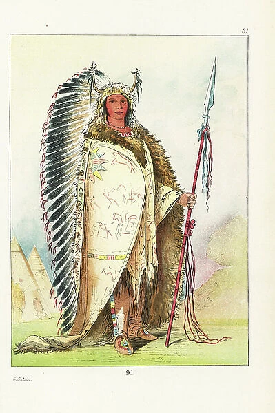 Sioux chief EE-ah-sa-pa, Black Rock of the Nee-caw-wee-gee band, in eagle headdress with horns, painted robe, moccasins and lance. Handcoloured lithograph from George Catlin's Manners, Customs and Condition of the North American Indians, London