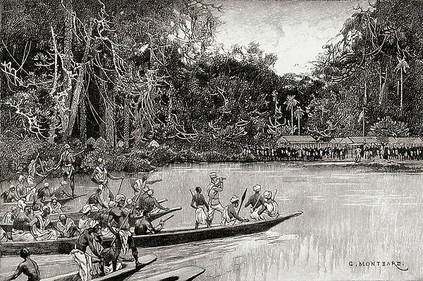 Sir Henry Morton Stanley meeting with his rear column at Banalya, Africa, 17 August 1888, during his Emin Pasha Relief Expedition, from In Darkest Africa by Henry M. Stanley pub. 1890
