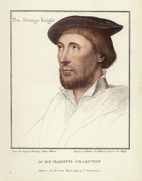 Sir Thomas the Strange of Hunstanton, High Sheriff of Norfolk, d. 1545. Handcoloured copperplate engraving by Francis Bartolozzi after Hans Holbein from Facsimiles of Original Drawings by Hans Holbein, Hamilton, Adams, London, 1884