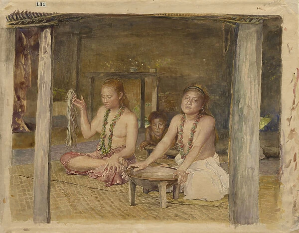 Siva with Siakumu Making Kava in Tofaes House, c. 1893