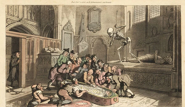 The skeleton of Death watches antiquarians exhume a kings corpse from a crypt in a church. Handcoloured copperplate drawn and engraved by Thomas Rowlandson from The English Dance of Death, Ackermann, London, 1816