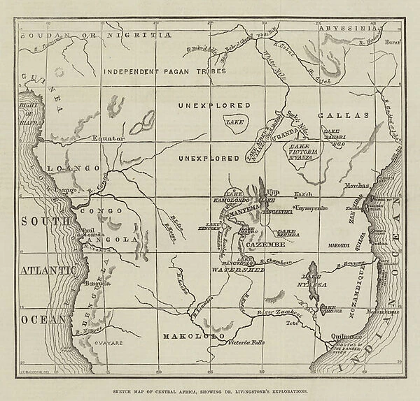 Sketch Map of Central Africa, showing Dr Livingstones Explorations (engraving)
