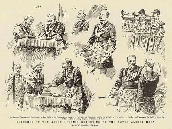 Sketches at the Great Masonic gathering at the Royal Albert Hall (litho)