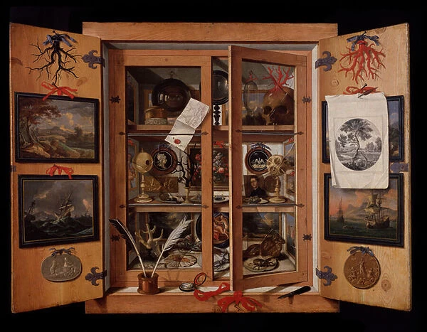 Small cabinet of curiosites in Trompe l oeil (Painting, 17th century)