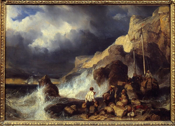 Smugglers carrying goods. Painting by Louis Gabriel Eugene Isabey (1803-1886)